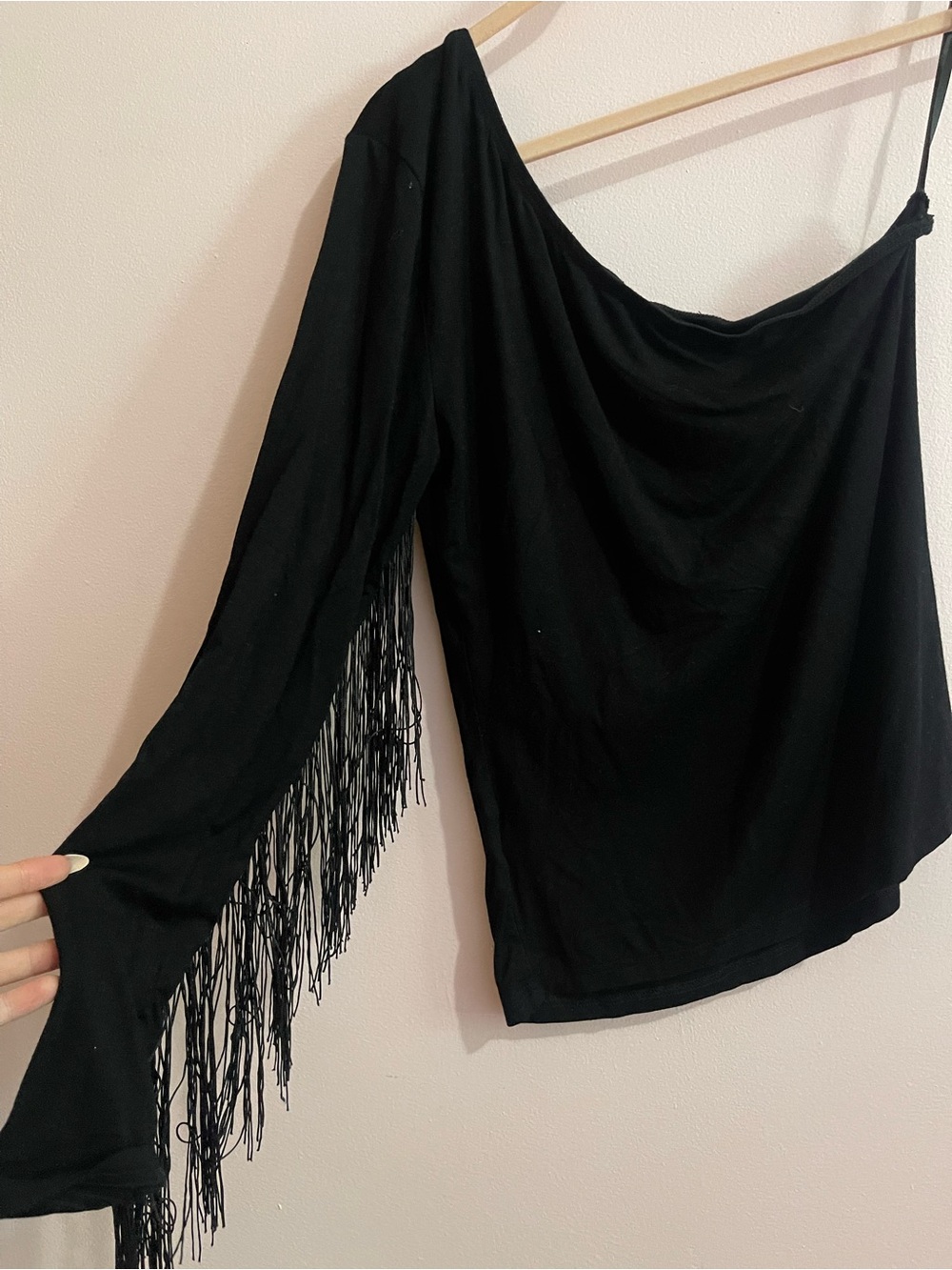 Black One-Shoulder Fringe Top